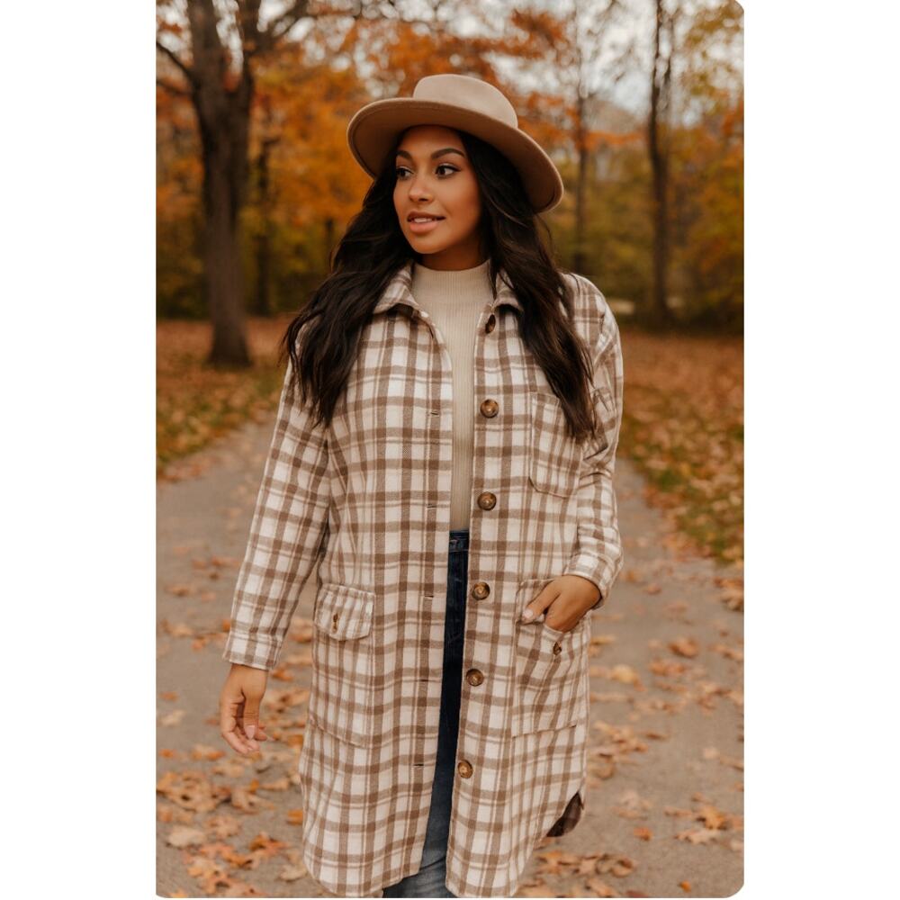 Buffalo David Bitton Large Flannel Cream Brown Plaid Long Line Shacket Cabincore